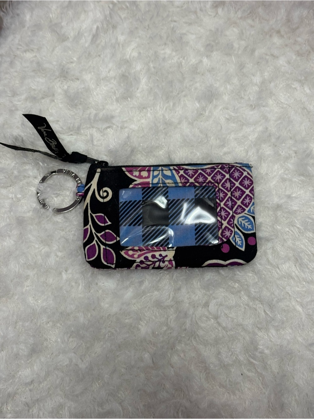Vera Bradley Black and Purple Floral ID Coin Pouch with Key Ring